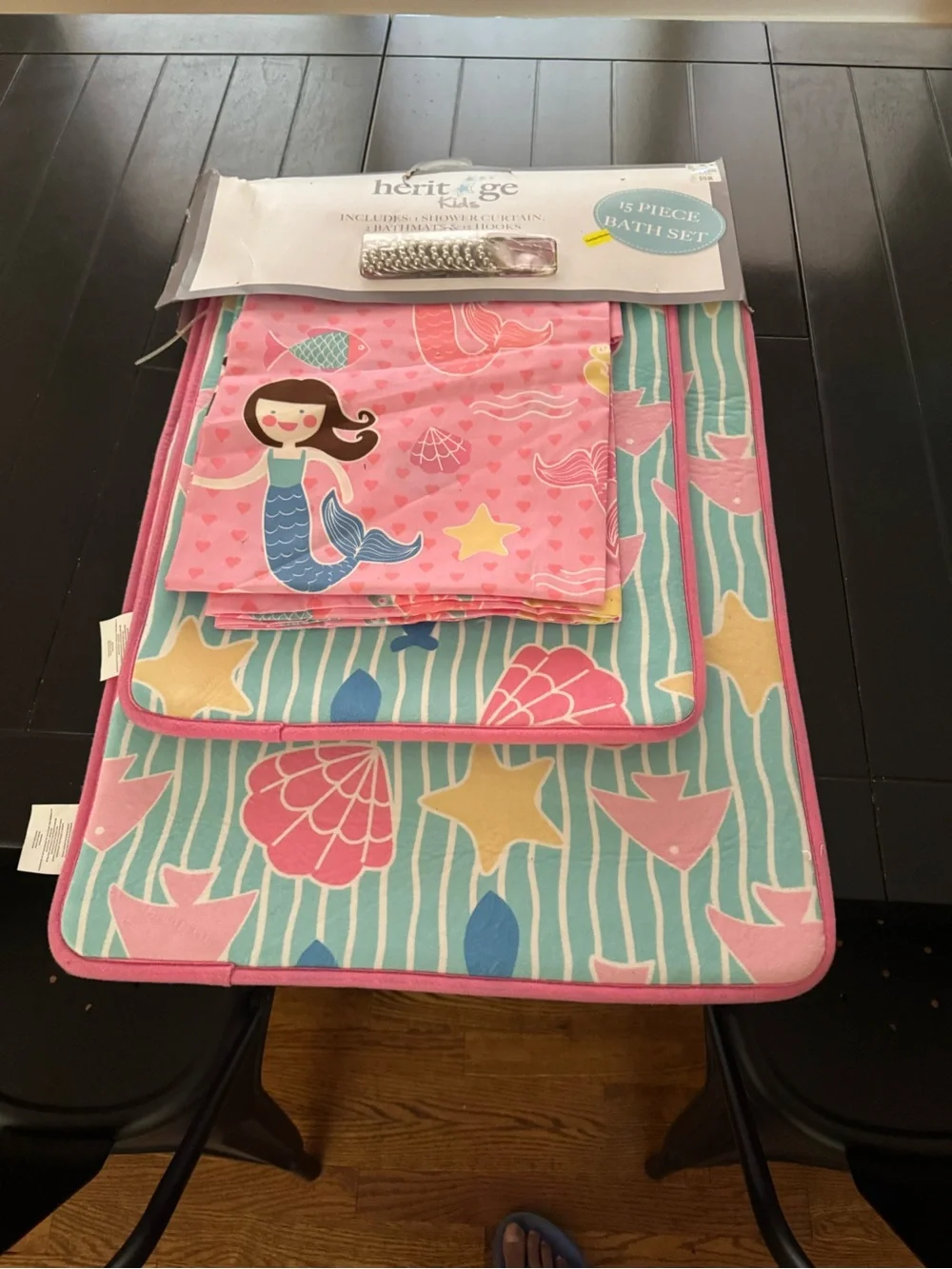 Heritage Kids Pink Mermaid Shower Curtain Set with Silver Hooks